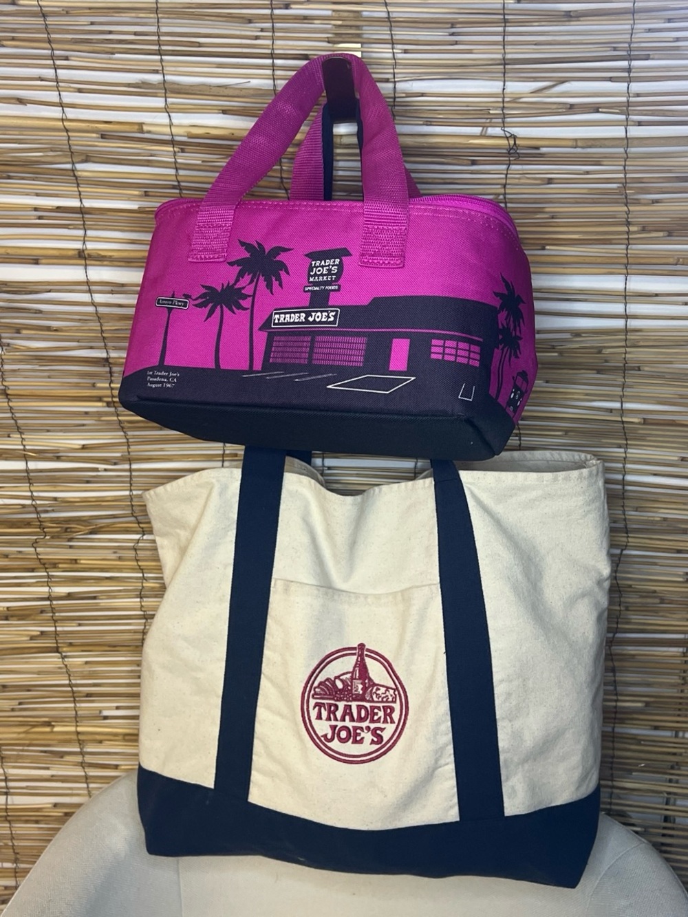 Trader Joe's Pink and Black Insulated lunch bag and OG 2004 Tote Bag